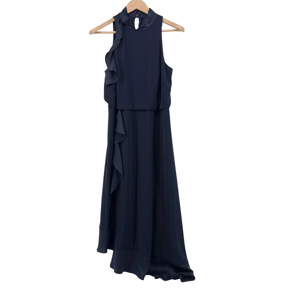 Lauren Ralph Lauren Navy Blue Rosette Ruffle High Neck Maxi Dress Size 8